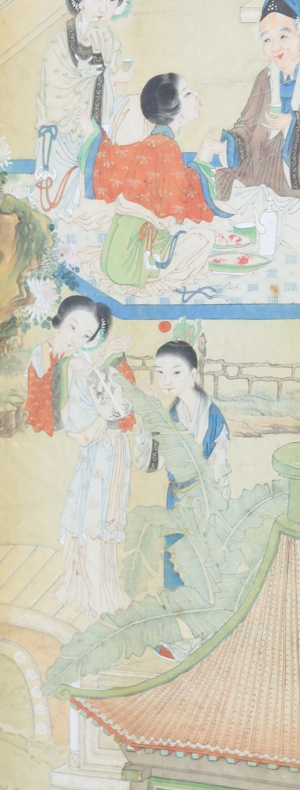 A set of four Chinese paintings on silk of ladies in pavilion gardens, 19th century each image 82 cm x 18.5 cm, damage